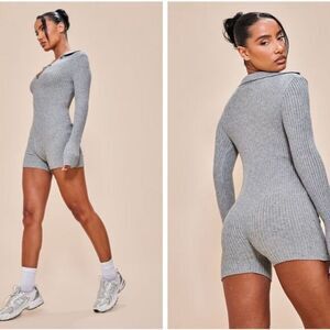 PrettyLittleThing Rib Knit Romper Long Sleeves Casual Womens Size 0/XS Gray